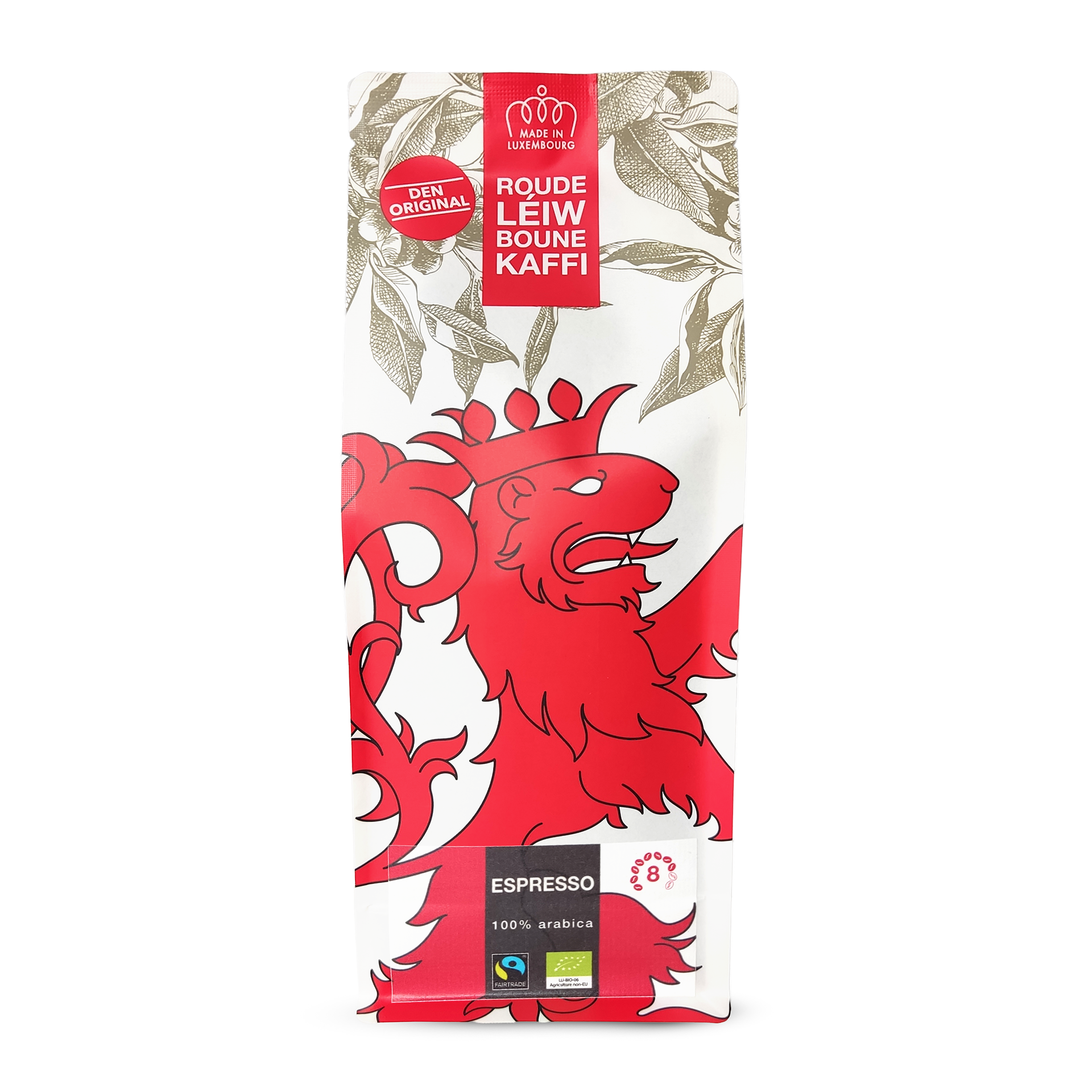 Café en grains Espresso de Roude Léiw Boune Kaffi , paquet de 500g.