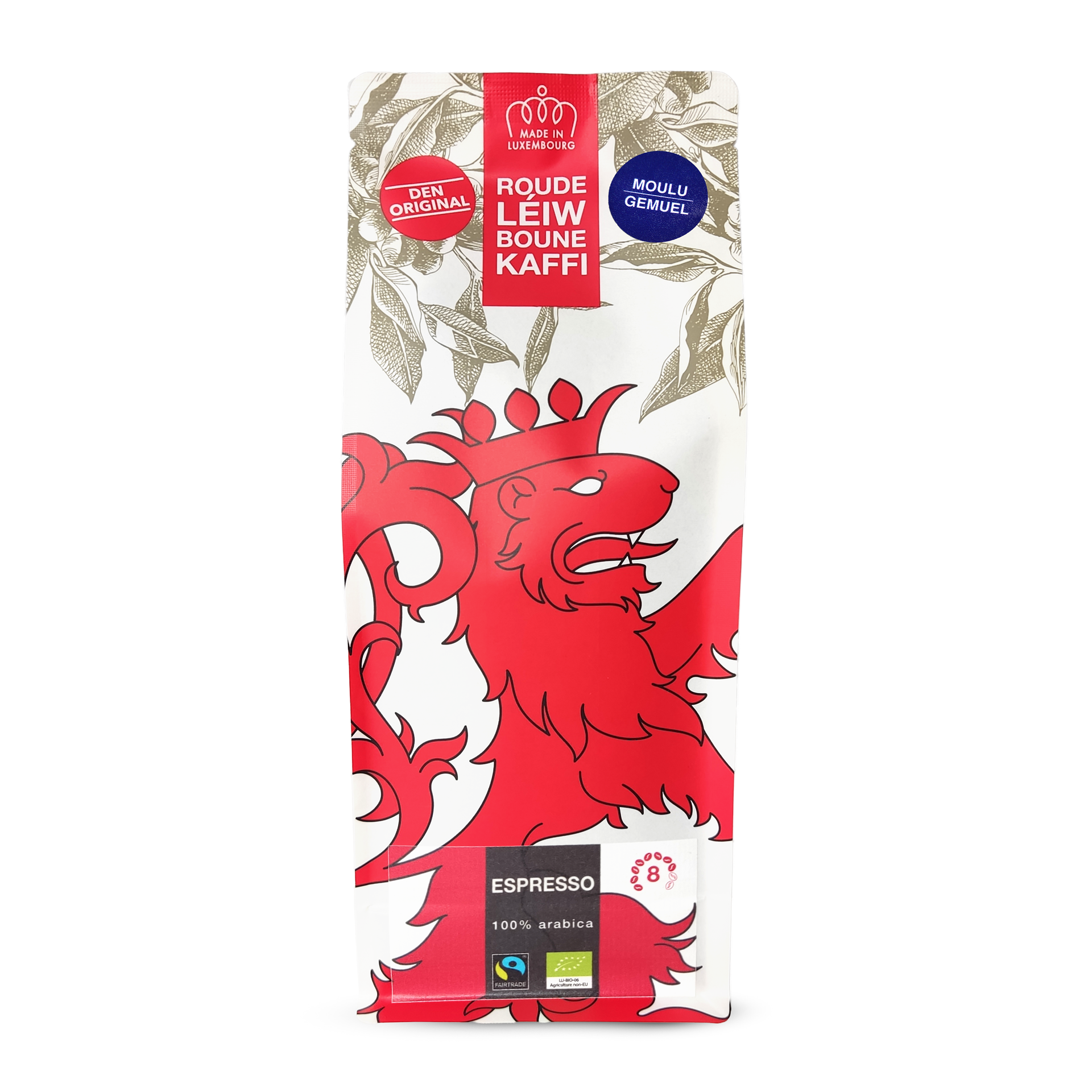 Café moulu Espresso de Roude Léiw Boune Kaffi , paquet de 500g.