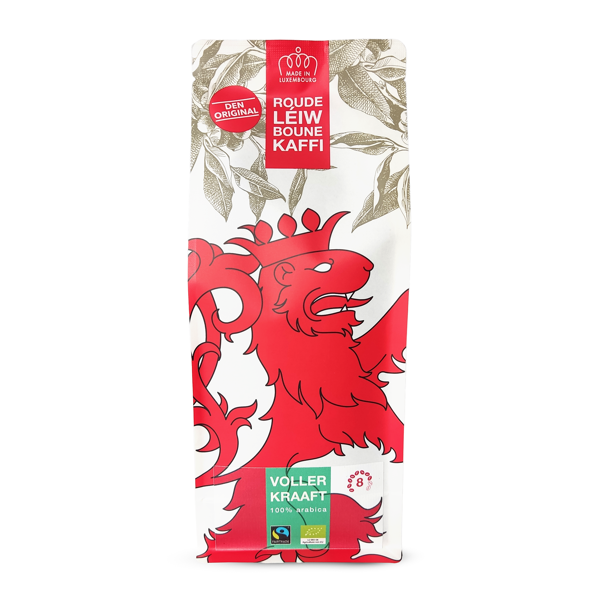Voller Kraaft by Roude Léiw Boune Kaffi, organic and fairtrade certified. Bag of 500g, coffee in beans.