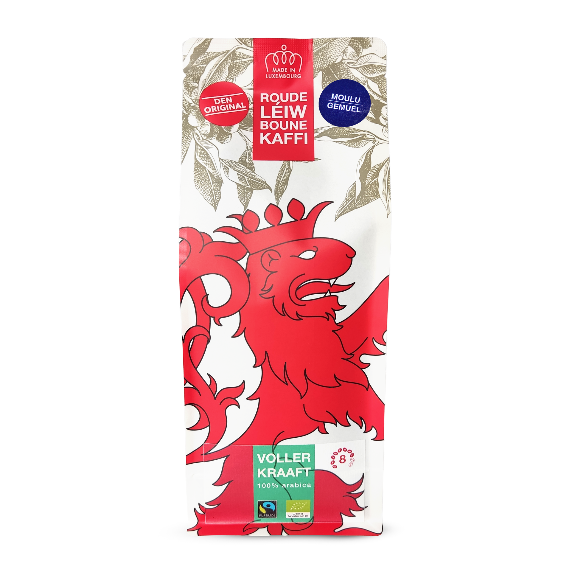 Voller Kraaft by Roude Léiw Boune Kaffi, organic and fairtrade certified. Bag of 500g, ground coffee.