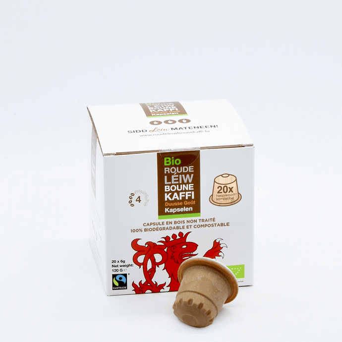 Duusse Goût - Fairtrade Organic Coffee in Wooden Capsules - Pack of 20 capsules - Bio Roude Léiw Bounekaffi