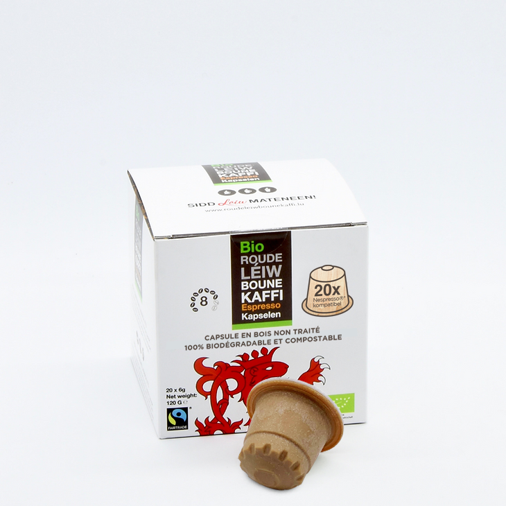 Box of 20 Wooden Capsules Espresso - Bio Fairtrade - Roude Léiw  Bounekaffi